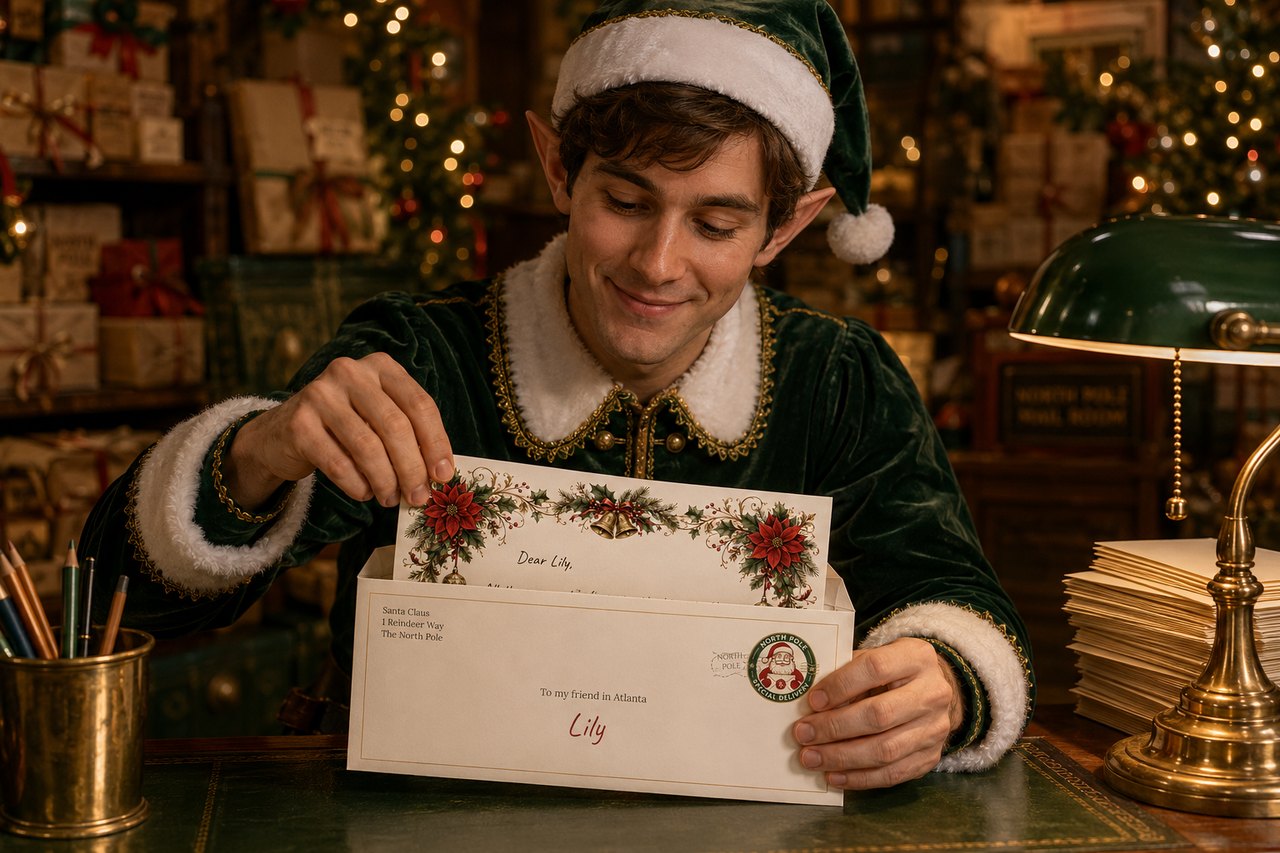 An elf in Santa’s workshop carefully tucking a finished letter into its North Pole envelope