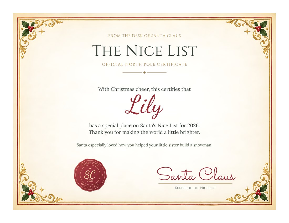 Official Nice List certificate from the North Pole, personalized with a child's name and good deed, ready to print on US Letter