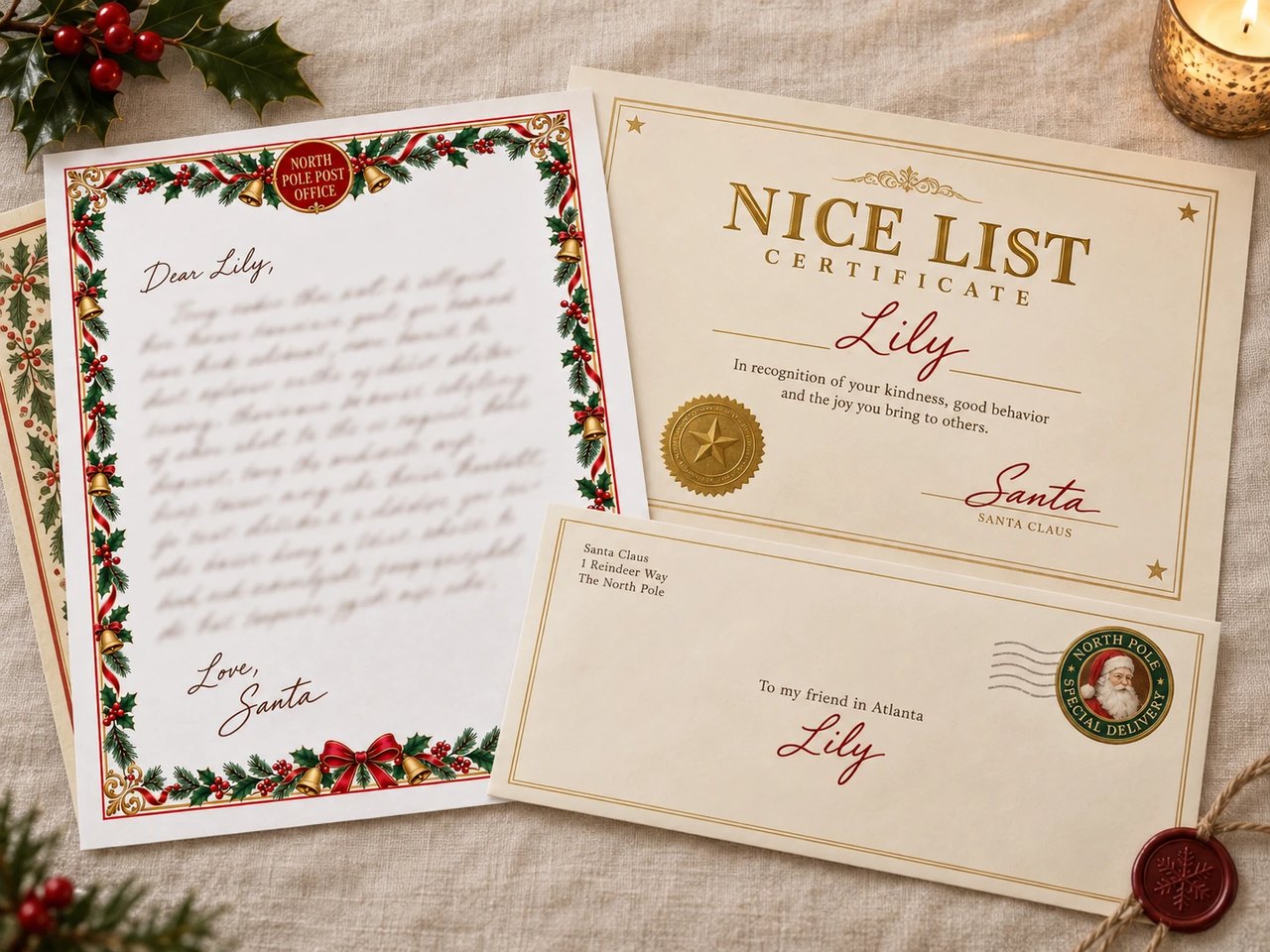 The North Pole Experience keepsake set: the letter, a matching envelope and an Official Nice List certificate