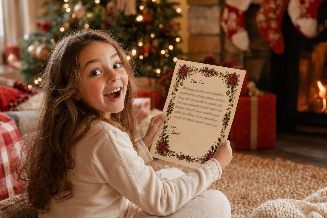 A delighted girl reading her personalized letter from Santa by the fireplace on Christmas morning
