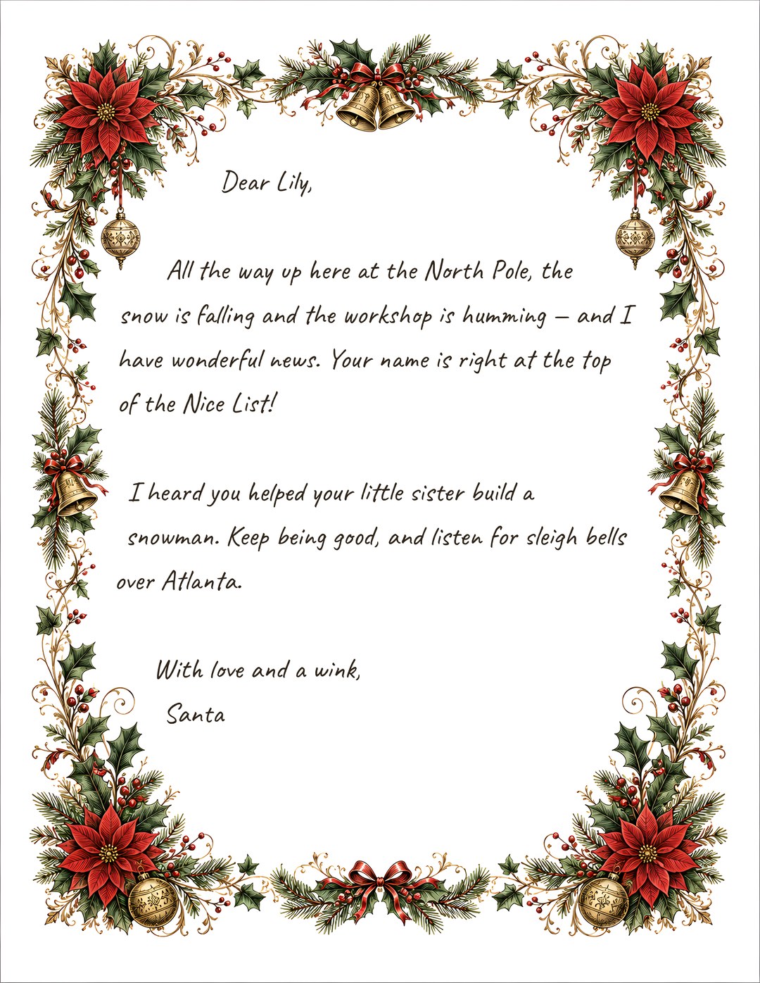 A personalized letter from Santa on classic stationery, ready to print at home