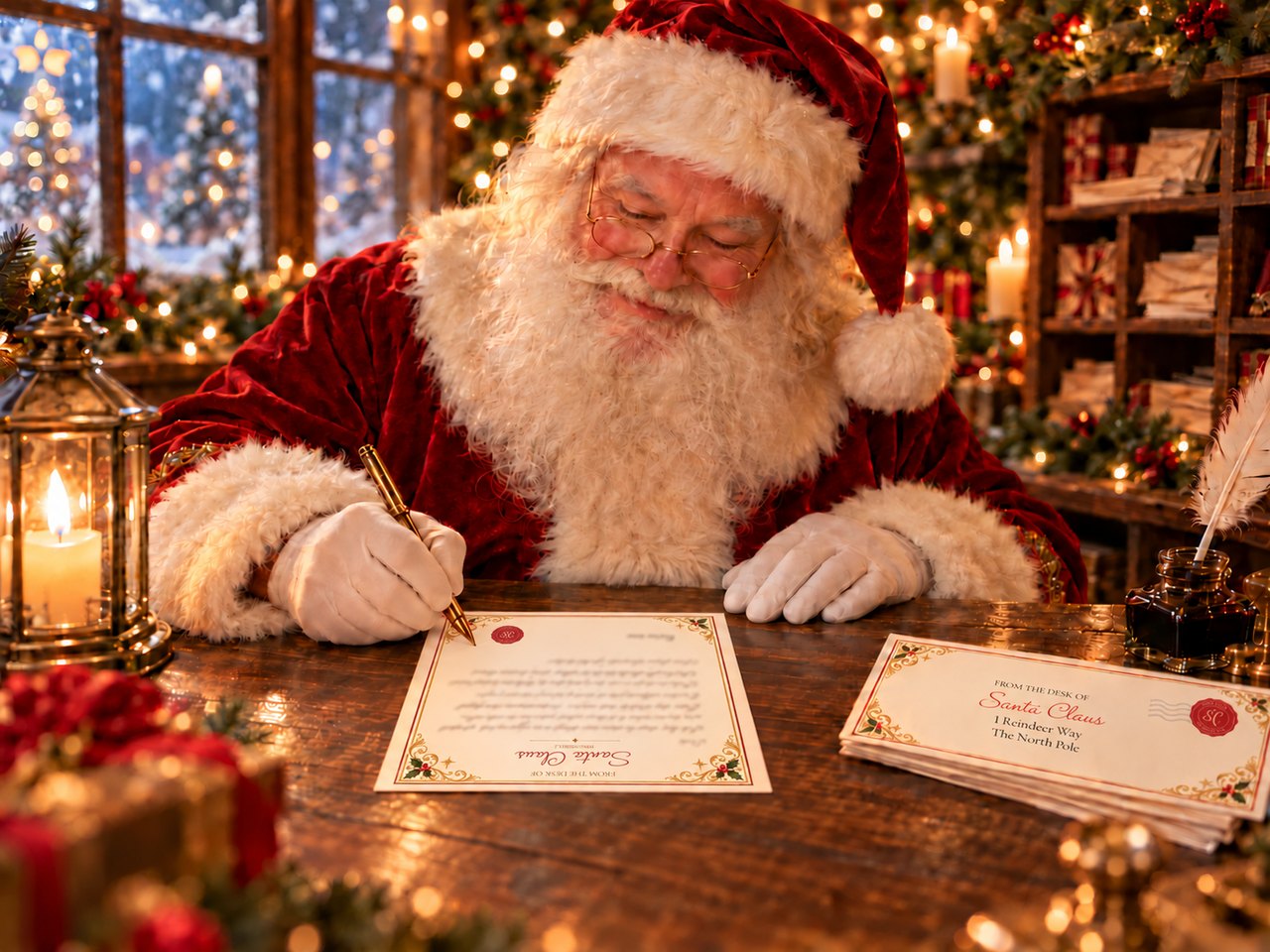 Santa smiling as he writes a personalized letter at his glowing North Pole desk