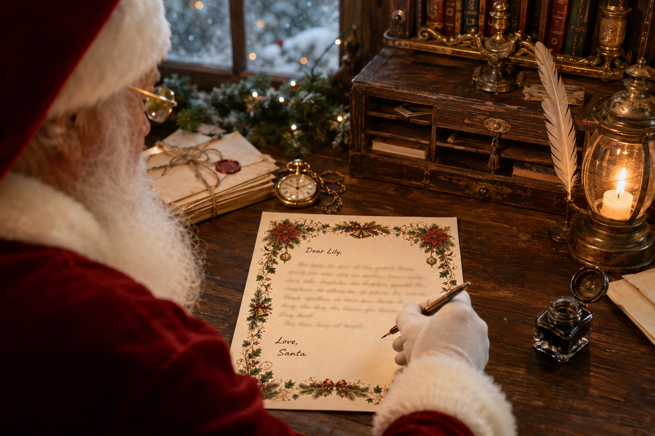 Santa writing a personalized letter at his candlelit North Pole desk, quill and envelopes at hand