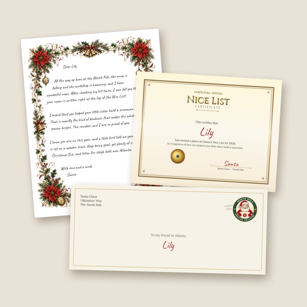 The North Pole Experience keepsake: a personalized letter from Santa, a matching North Pole envelope, and an Official Nice List certificate, ready to print at home