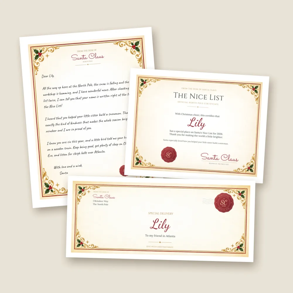 A matched set: a letter from Santa, the Nice List certificate and a North Pole envelope